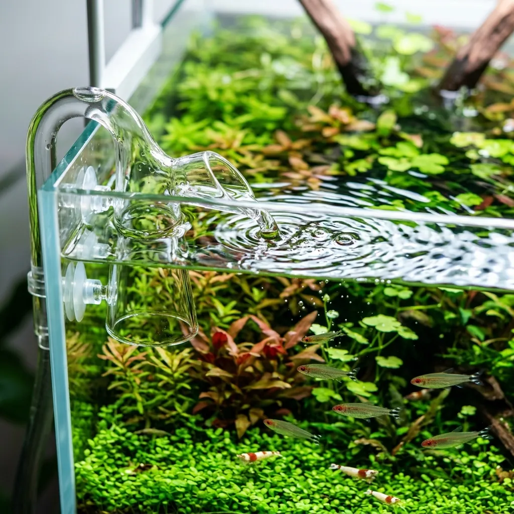 Close up of a glass lily pipe in a crystal clear planted aquarium